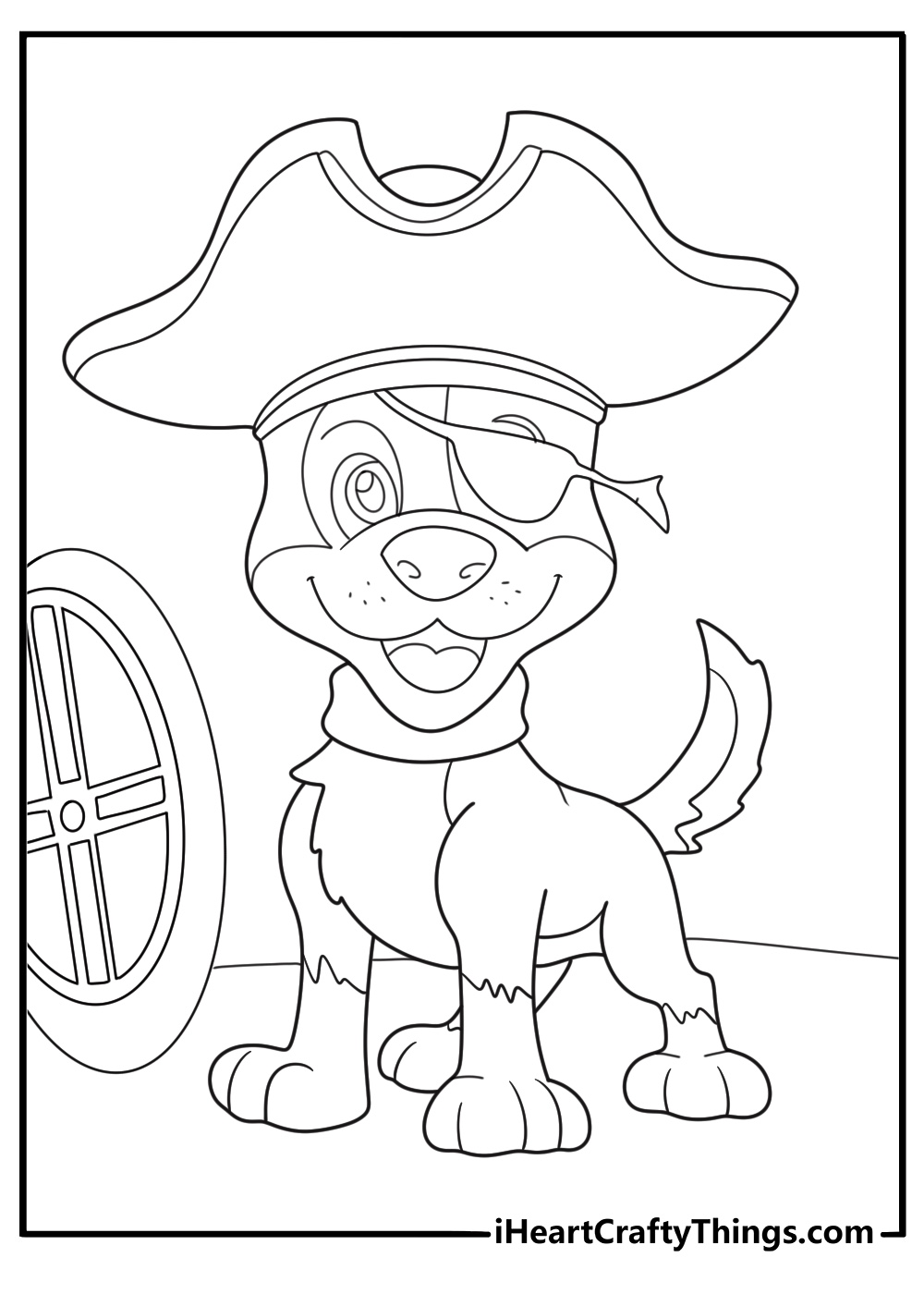 pirate puppy with an eye patch at a tiny ship wheel