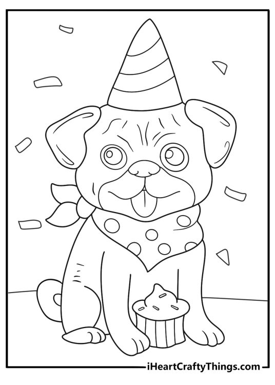 pug at a birthday party with cupcake and bunting
