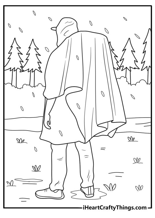 rain poncho hike on forest trail camping coloring printable pdf