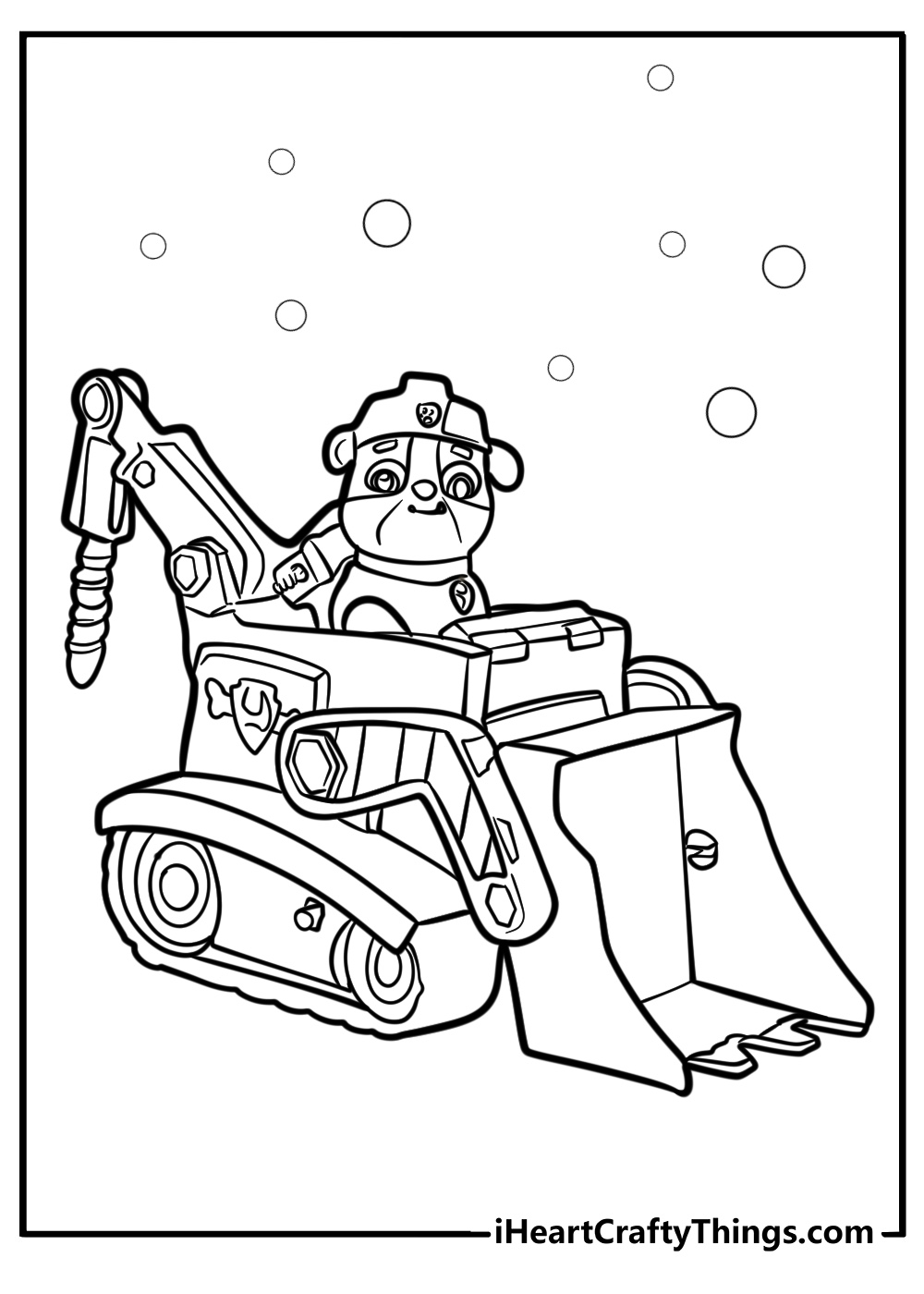 Detailed coloring sheet featuring Paw Patrol character Rubble driving his bulldozer