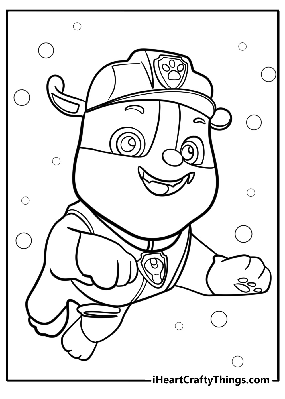 Paw Patrol-themed page to color of a happy Rubble flying in the air with bubbles all around him