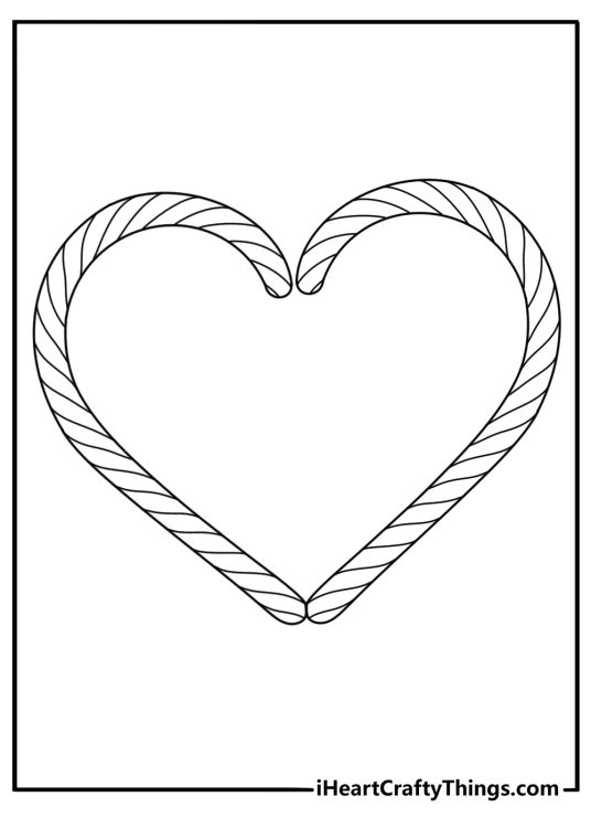 simple heart made of candy canes forming stripes coloring page
