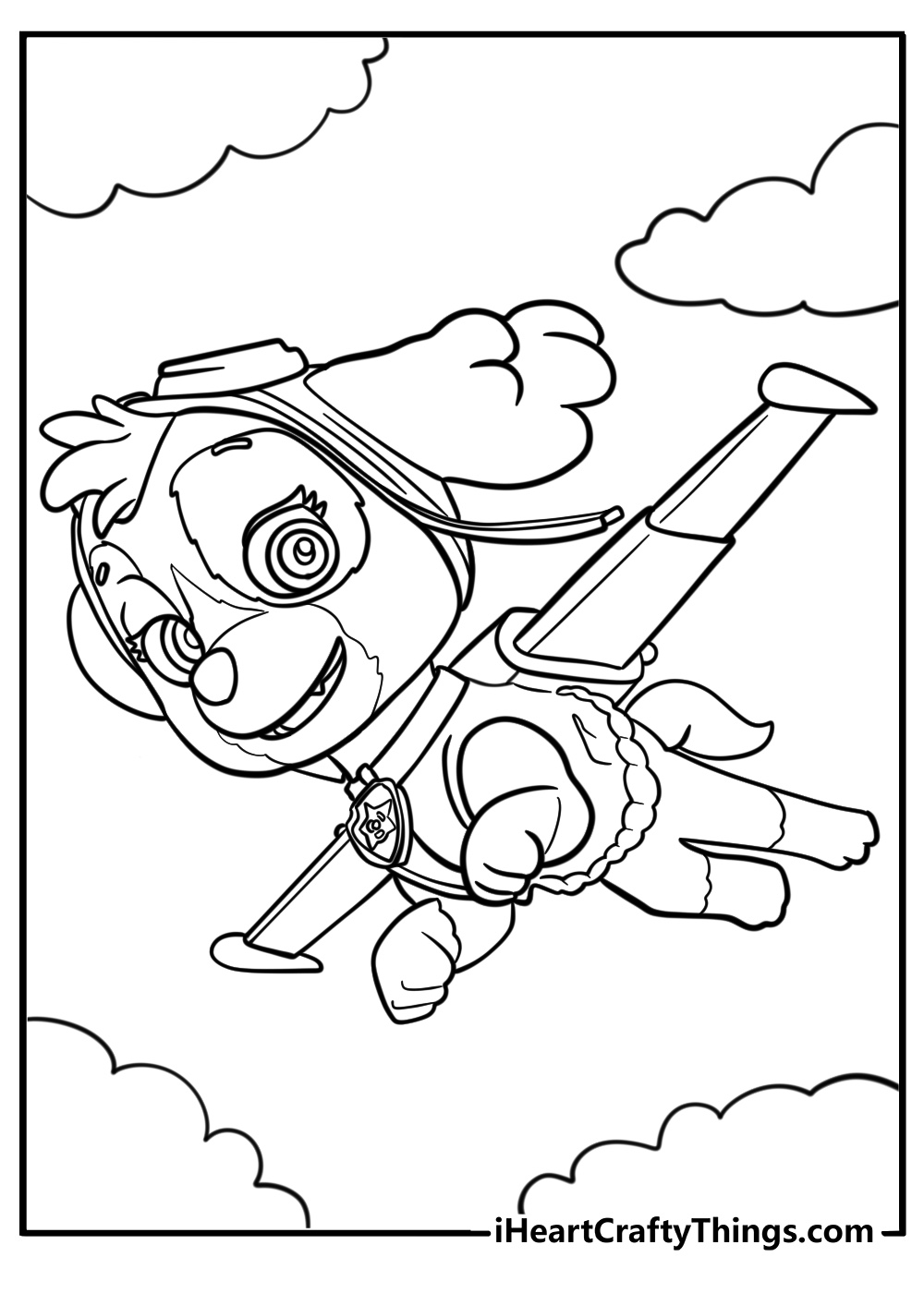 Paw Patrol coloring picture presenting Skye flying between the clouds with her wings expanded