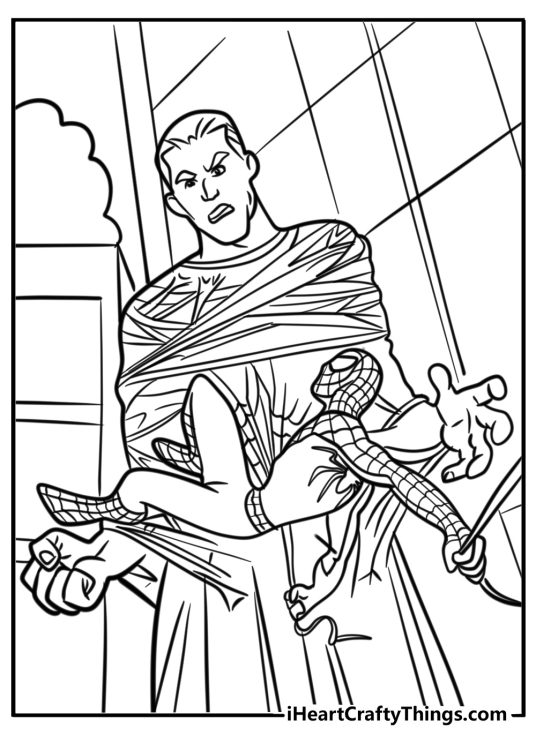 Spiderman fighting a villain coloring sheet for kids