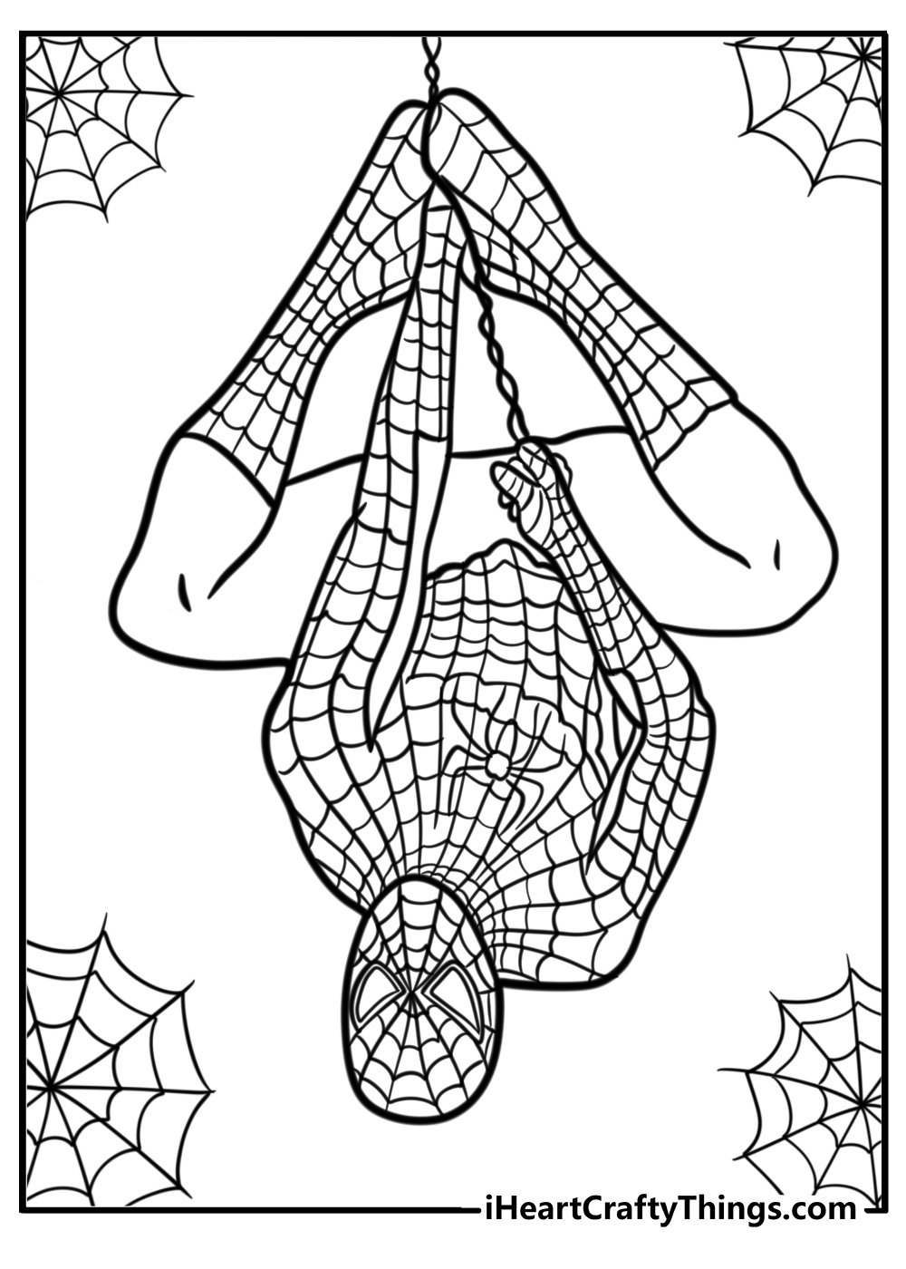 Spiderman hanging upside down free printable coloring sheet