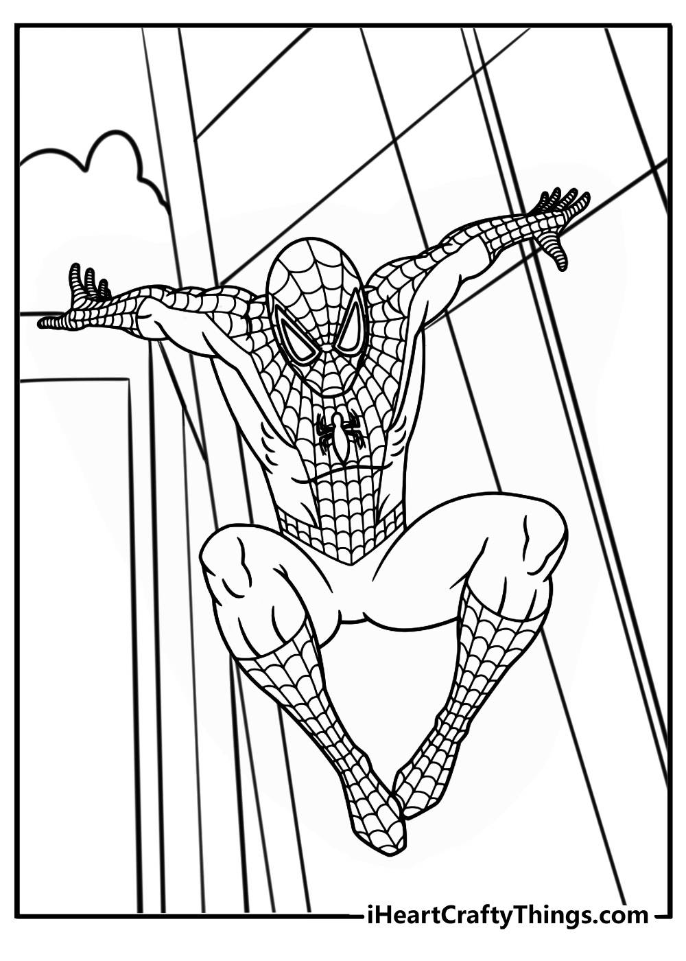 Spiderman jumping from building to building coloring page