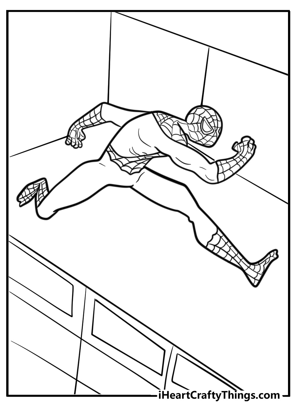 Spiderman running on a rooftop simple coloring page