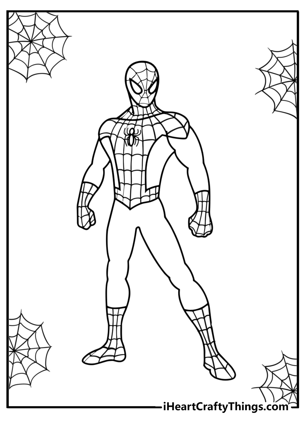 Spiderman standing ready to fight coloring page for kids