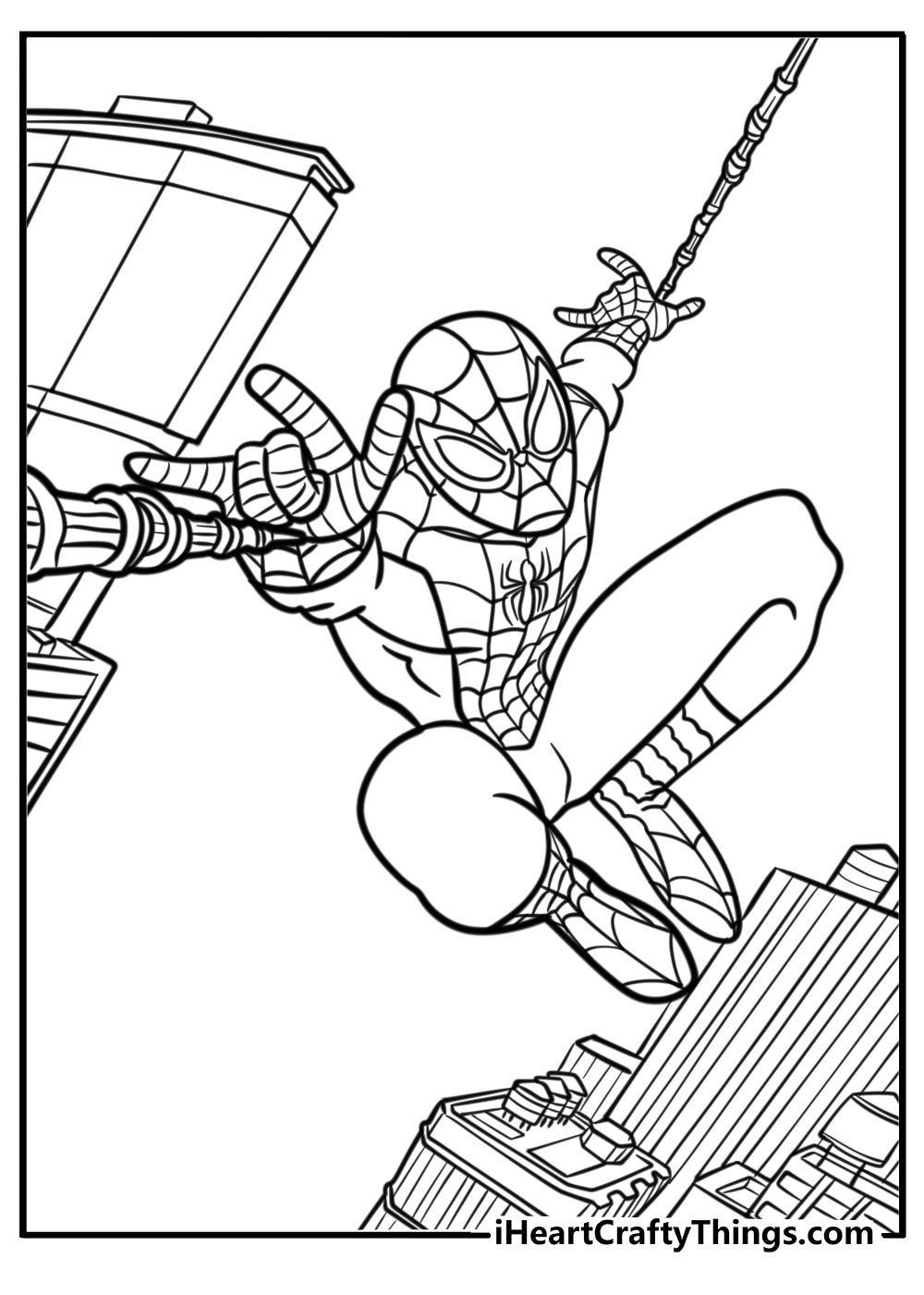 Spiderman swinging through the city coloring page for kids