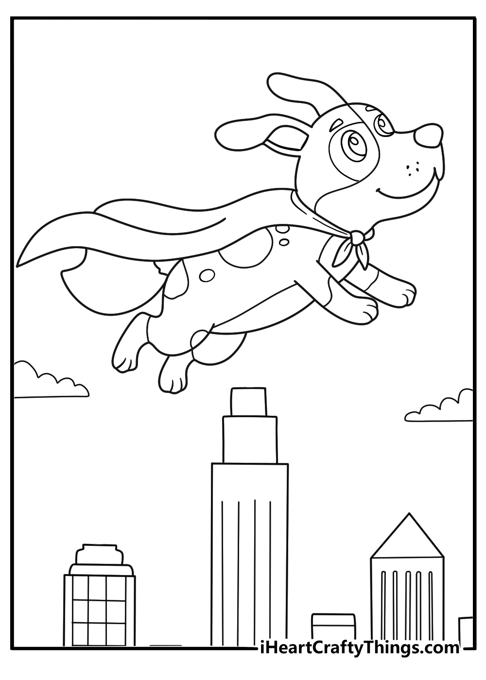 superhero dog in a cape over a city skyline