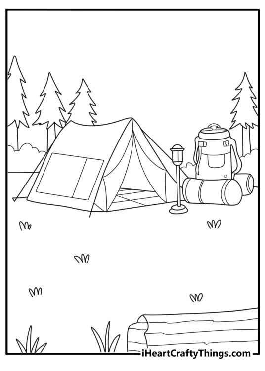 tent interior sleeping bags and pads coloring sheet cute kawaii style