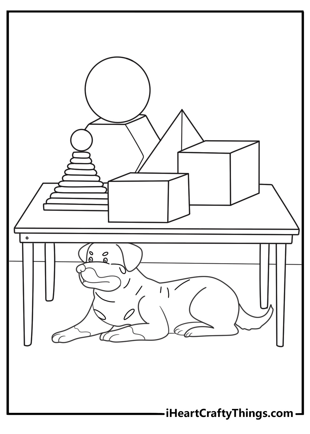 therapy dog with harness resting under a school desk