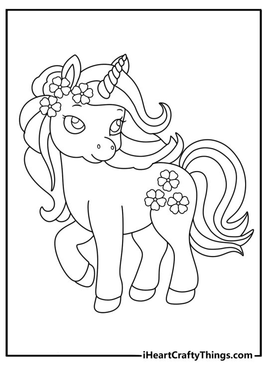 unicorn with flowers coloring page