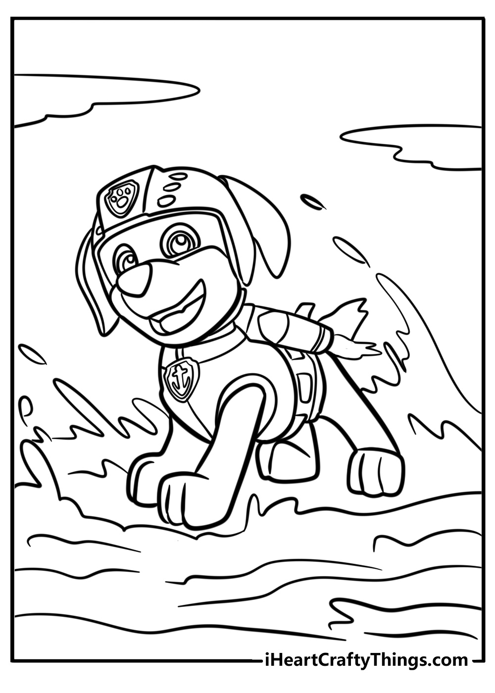 Paw Patrol-themed coloring picture for children presenting Zuma speeding through the water