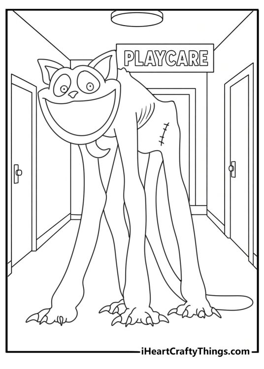 A Playcare hallway surrounds CatNap in this detailed coloring sheet
