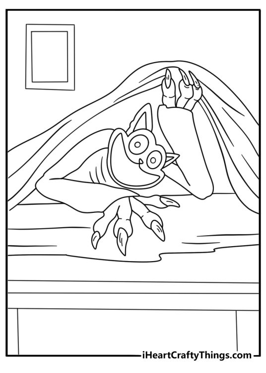 A broken bed and scattered blankets appear in this CatNap printable