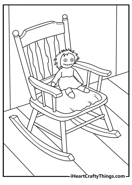 A creepy doll sits inside an old rocking chair in this coloring sheet