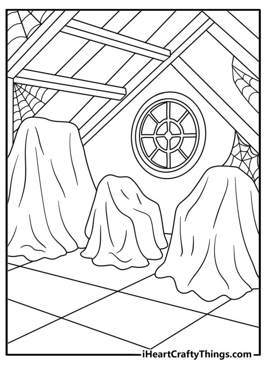 A dark attic filled with covered furniture appears in this horror coloring page