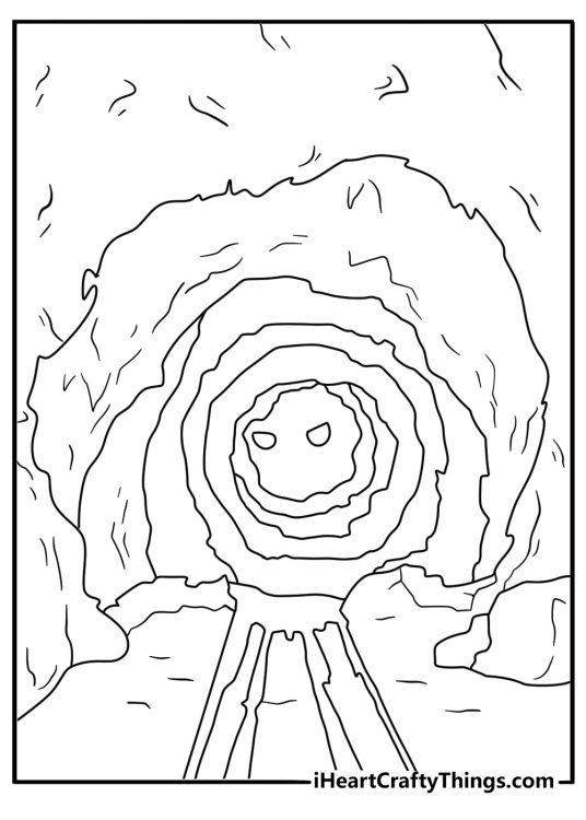 A dark tunnel with glowing eyes in the distance fills this coloring sheet