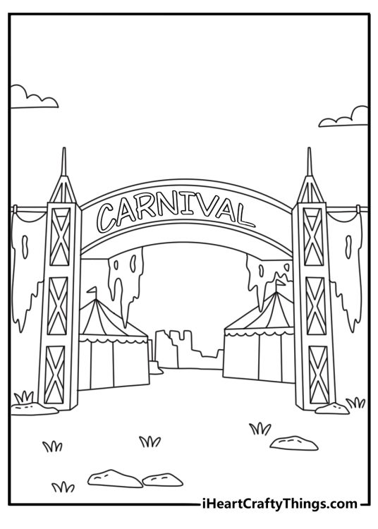 A deserted carnival entrance with torn banners makes this printable horror sheet