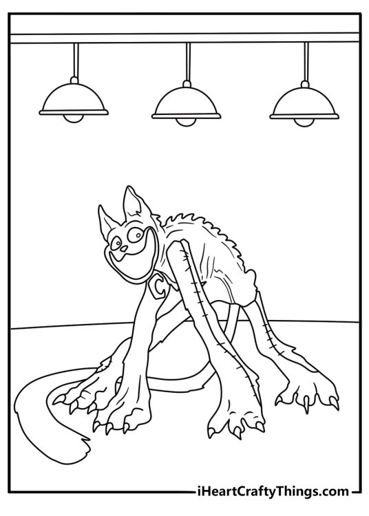 A detailed CatNap printable features the character under hanging factory lights