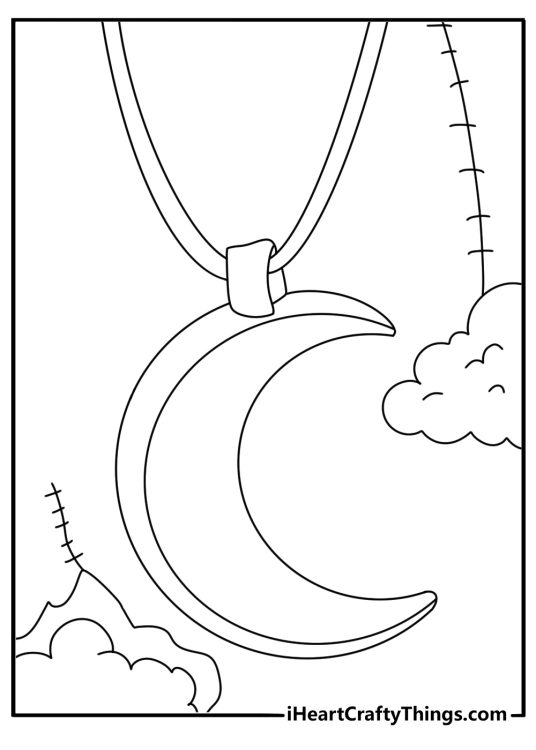A moon pendant rests beside torn toy fabric in this free coloring page