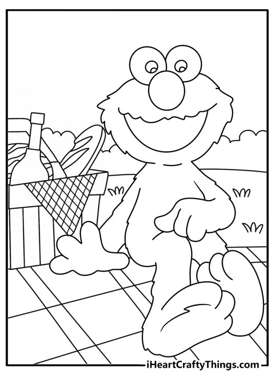A picnic basket and fruit surround Elmo in this cute printable