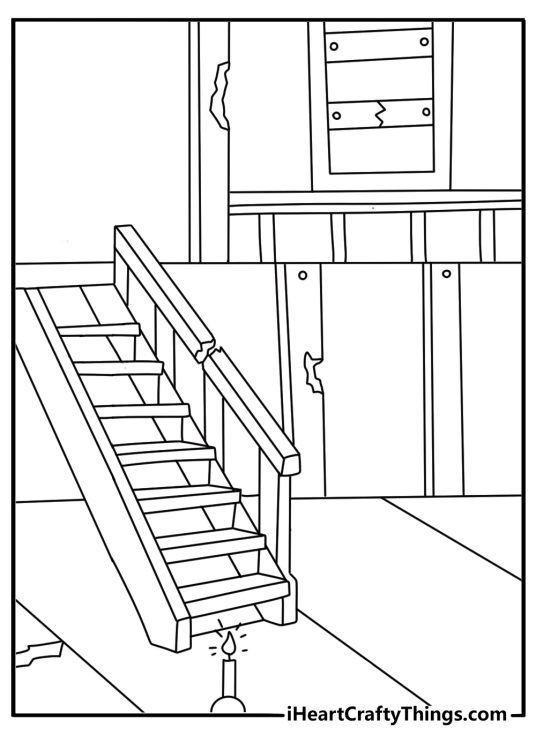 A shadowy staircase with a single candle fills this detailed coloring sheet