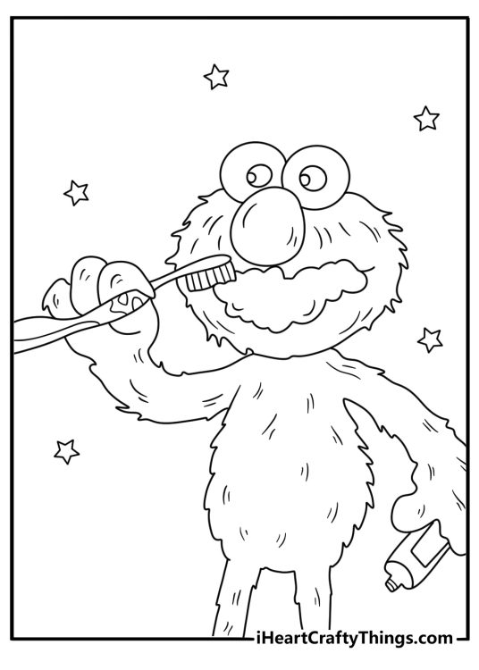 A simple Sesame Street coloring sheet shows Elmo brushing his teeth
