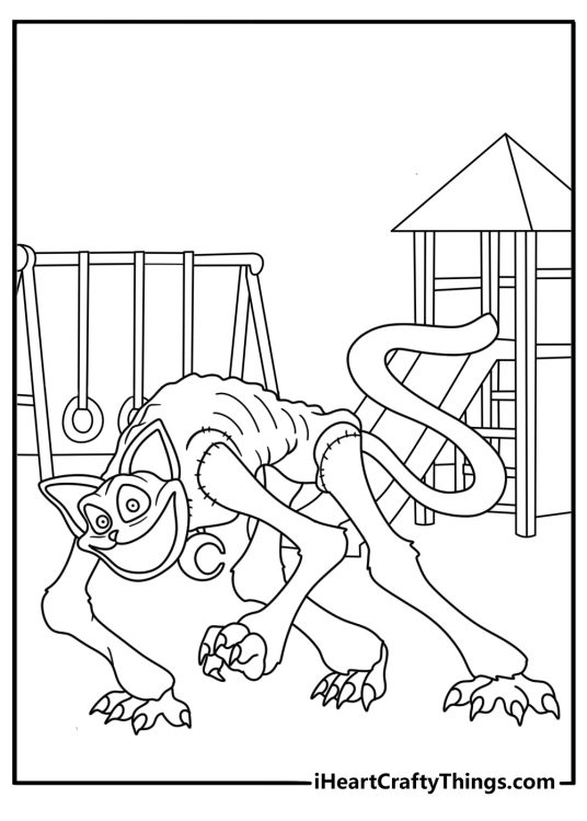 A simple coloring sheet shows CatNap crawling through a dark playroom