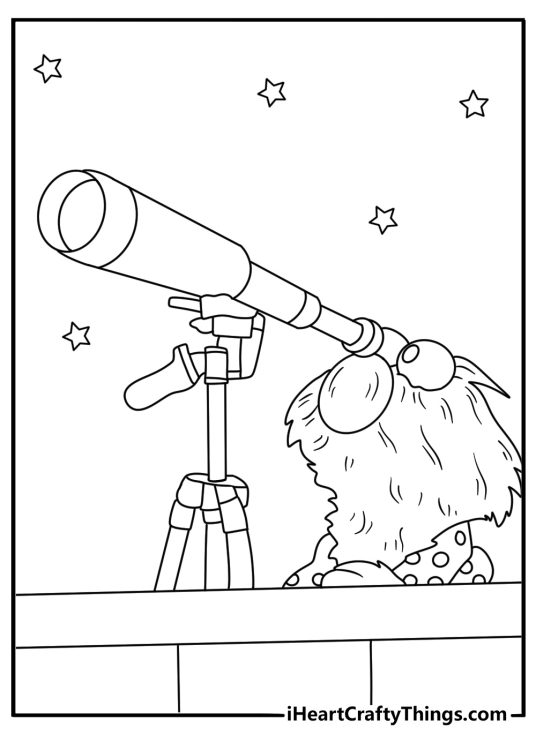 A small telescope stands beside Elmo in this printable night scene