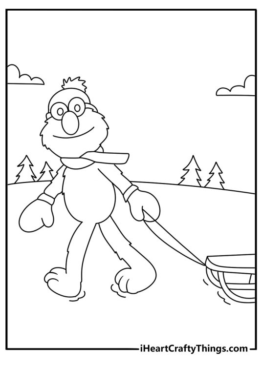 A snowy Sesame Street scene features Elmo pulling a small sled
