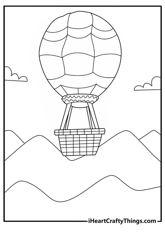 Adult coloring pages with hot air balloons above hills and clouds