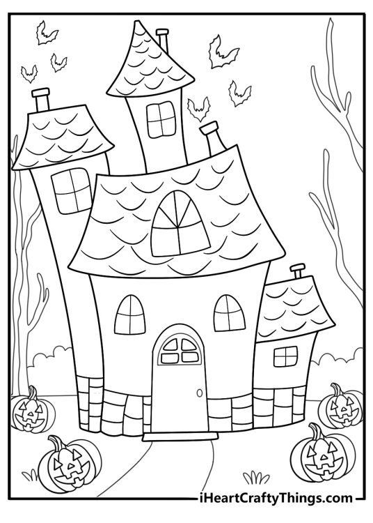 Adult halloween coloring page with haunted house pumpkins and bare trees