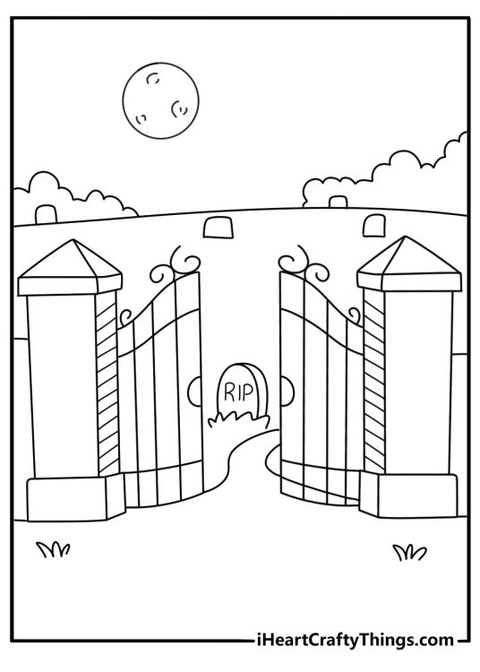 An empty graveyard gate opens into fog in this detailed coloring printable