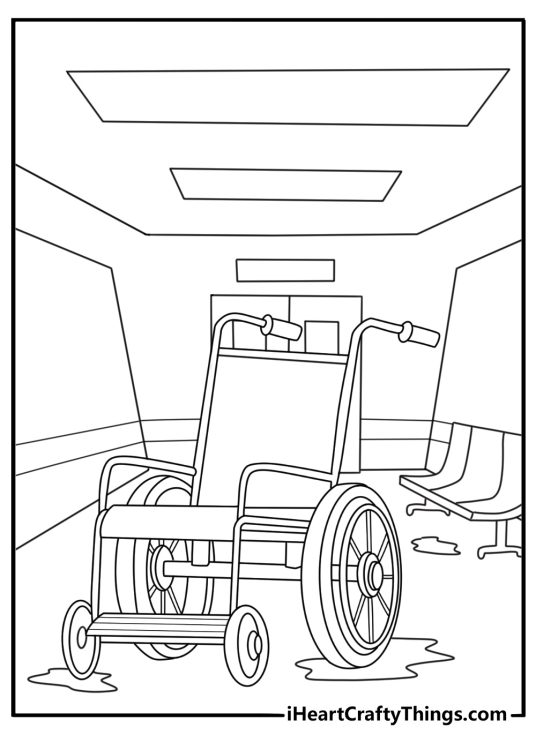 An old wheelchair sits alone in a hospital corridor in this creepy coloring page