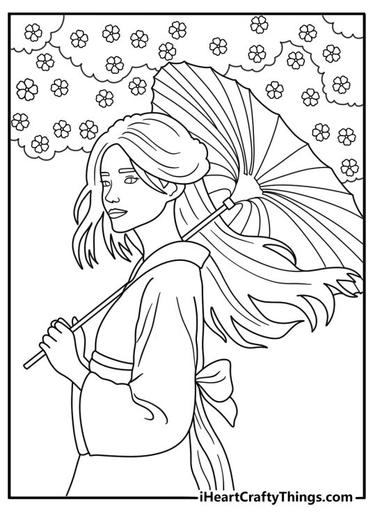 Anime coloring page for adults with girl in kimono under cherry blossom branches