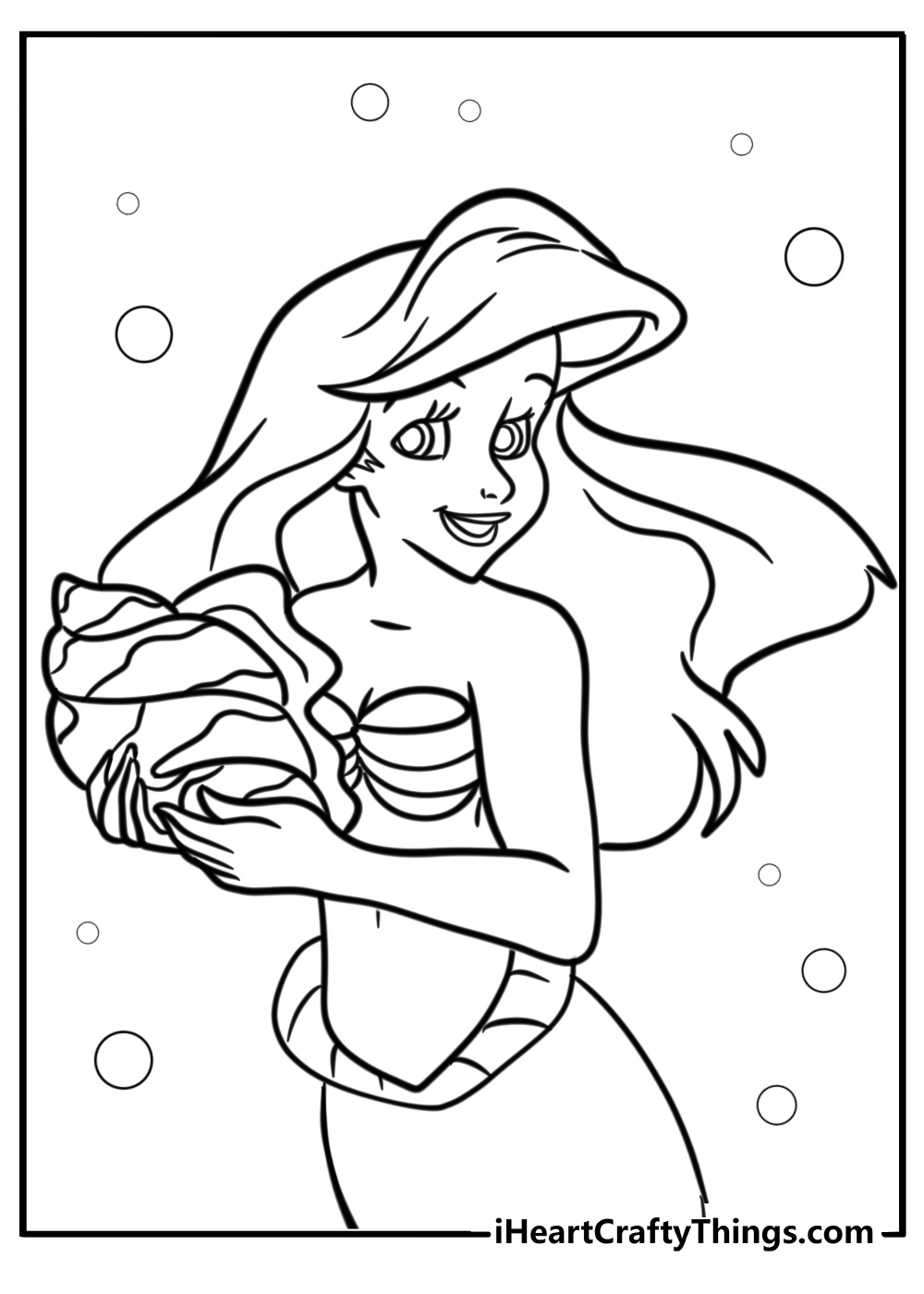 Ariel holding a seashell printable coloring sheet