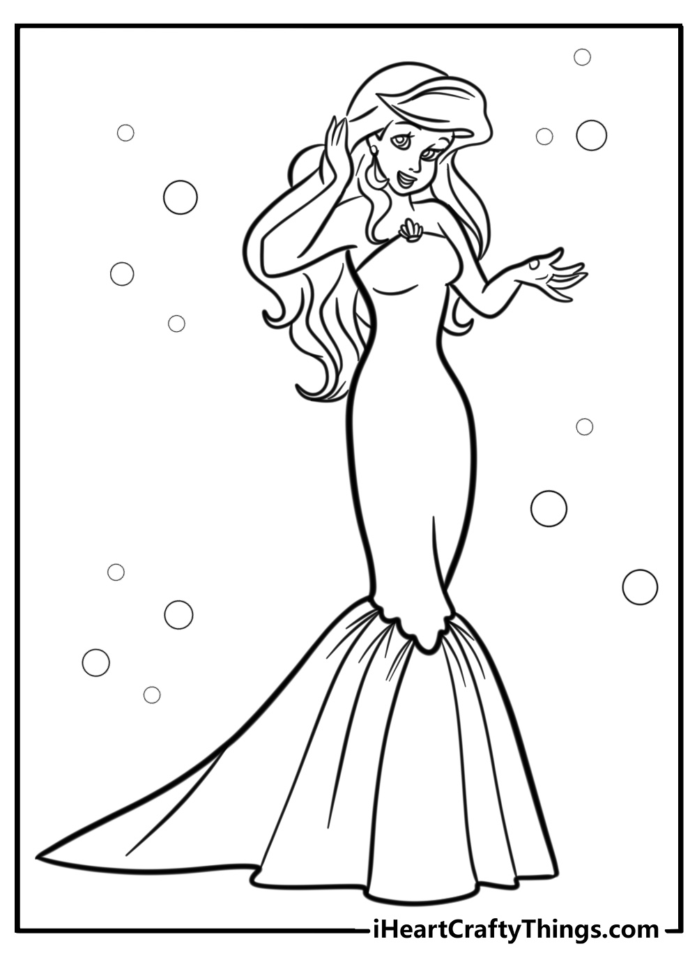 Ariel in a beautiful dress free coloring page