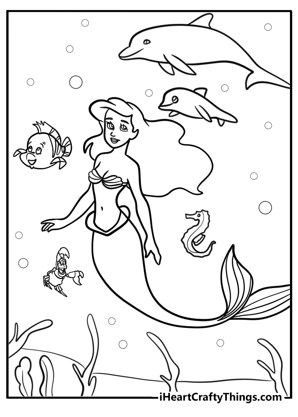 Ariel surrounded by sea creatures coloring page