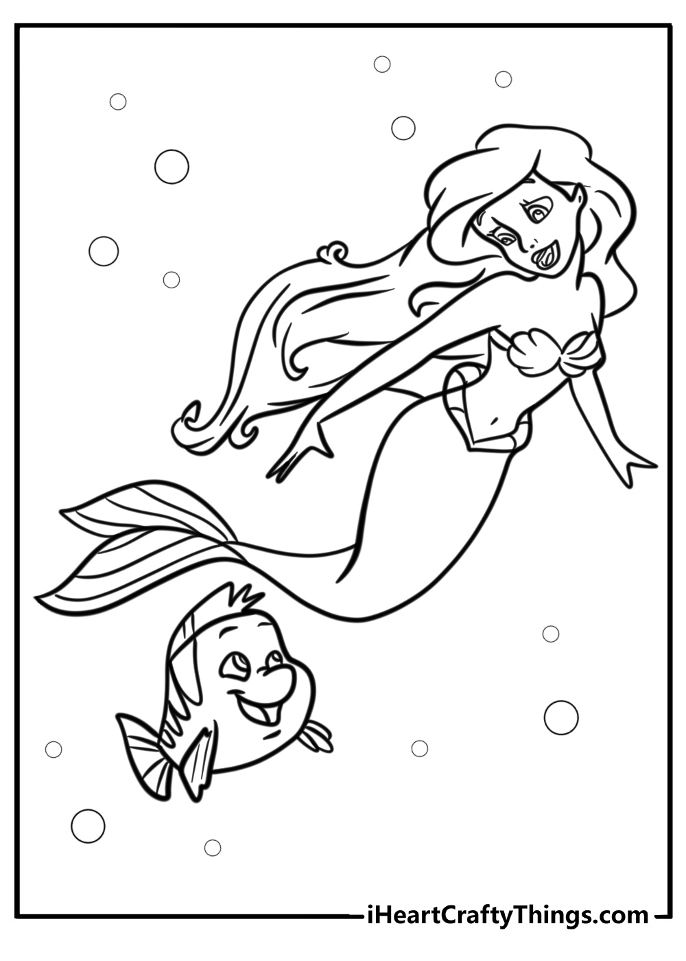 Ariel swimming with Flounder coloring sheet for kids