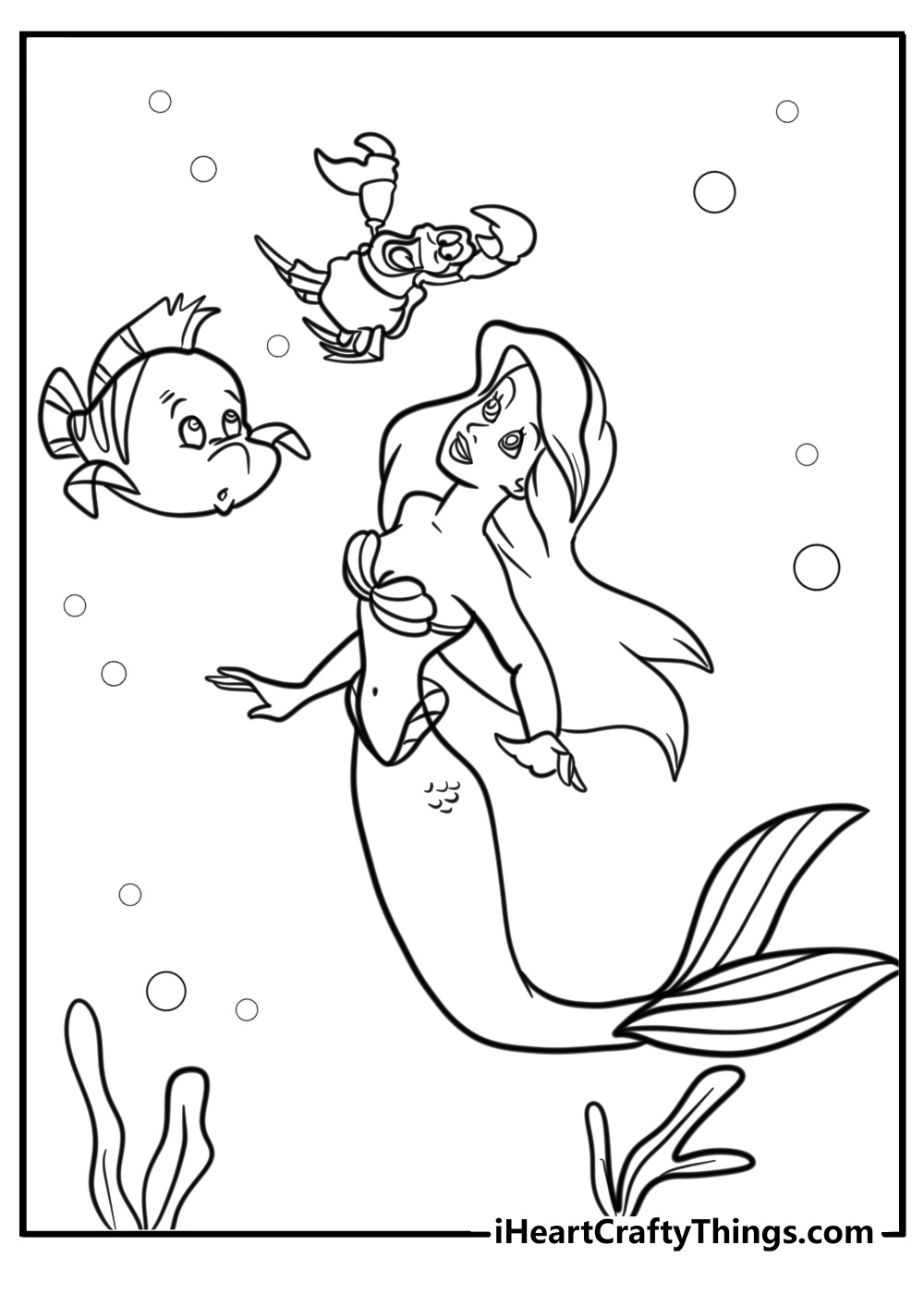 Ariel with Flounder and Sebastian coloring sheet