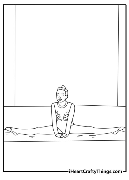 Artistic gymnastics coloring page showing floor routine leap across mat