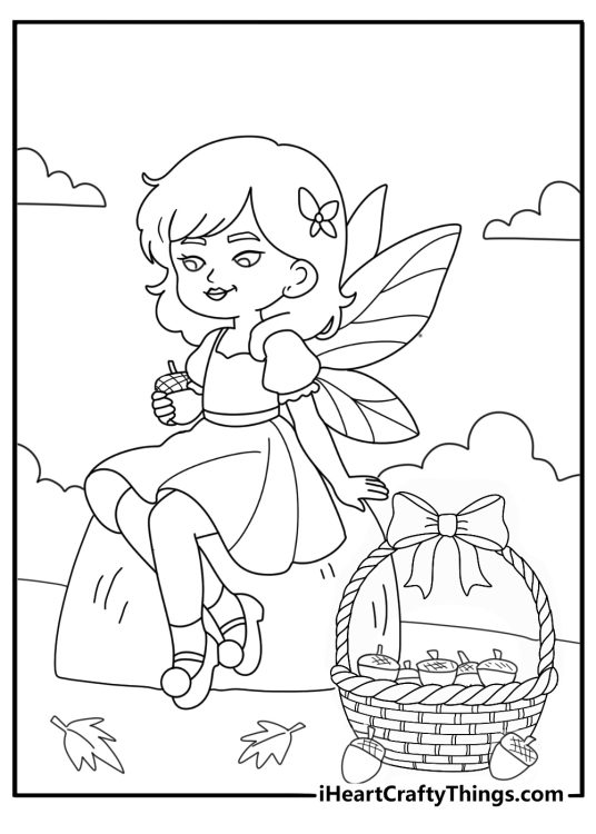 Autumn fairy gathering acorns in woven basket simple printable coloring sheet