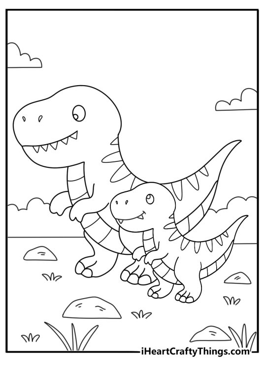 Baby t rex coloring page with a young dinosaur following an adult through grass