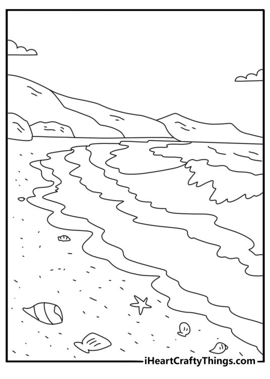 Beach coloring page for adults with seashells driftwood and rolling waves