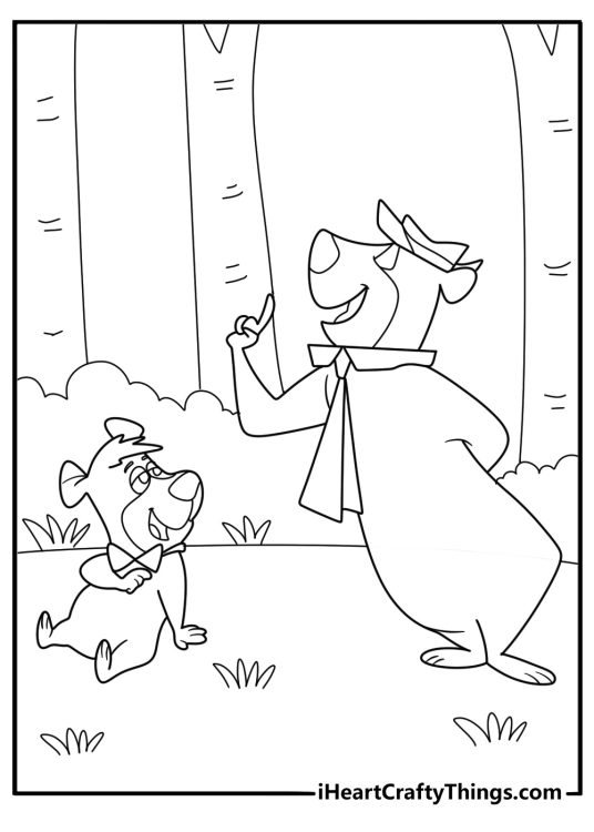 Bear themed coloring page for kids featuring characters Yogi and Boo Boo in the forest