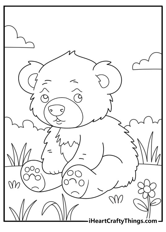 Bear themed coloring printable for kids depicting cartoony looking bear sitting outside