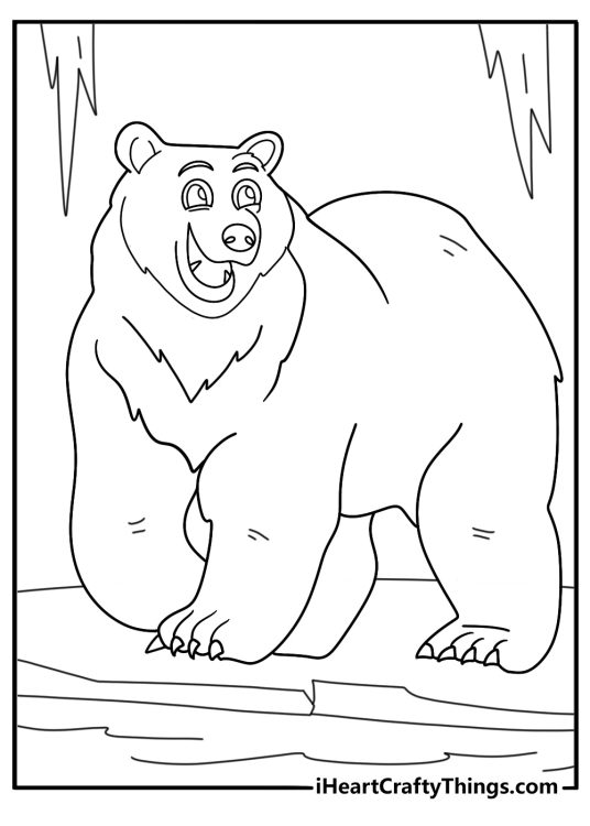 Bear themed printable featuring majestic bear standing on some frosty ice on a seacoast