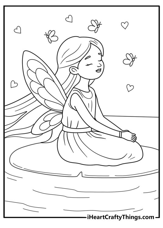 Black and white picture of a fairy sitting gracefully on a lily pad surrounded by water hearts and butterfly